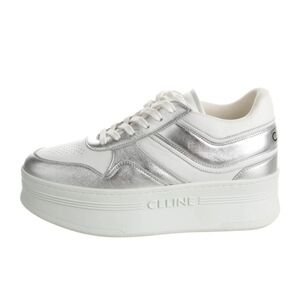 $990 CELINE BLOCK 50mm Wedge Leather Sneaker White & Silver EU 39 US 9 BNIB